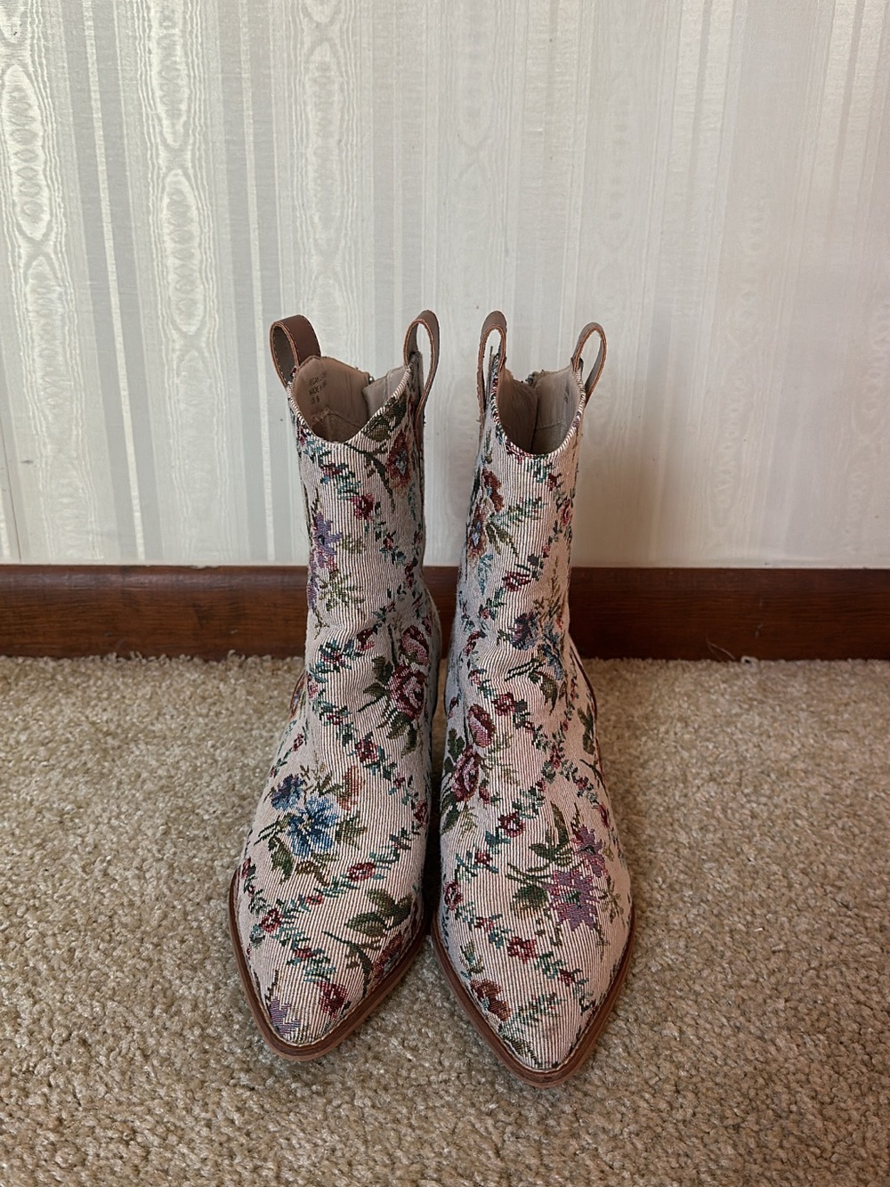Altar'd State Cream Floral Tapestry Ankle Boots